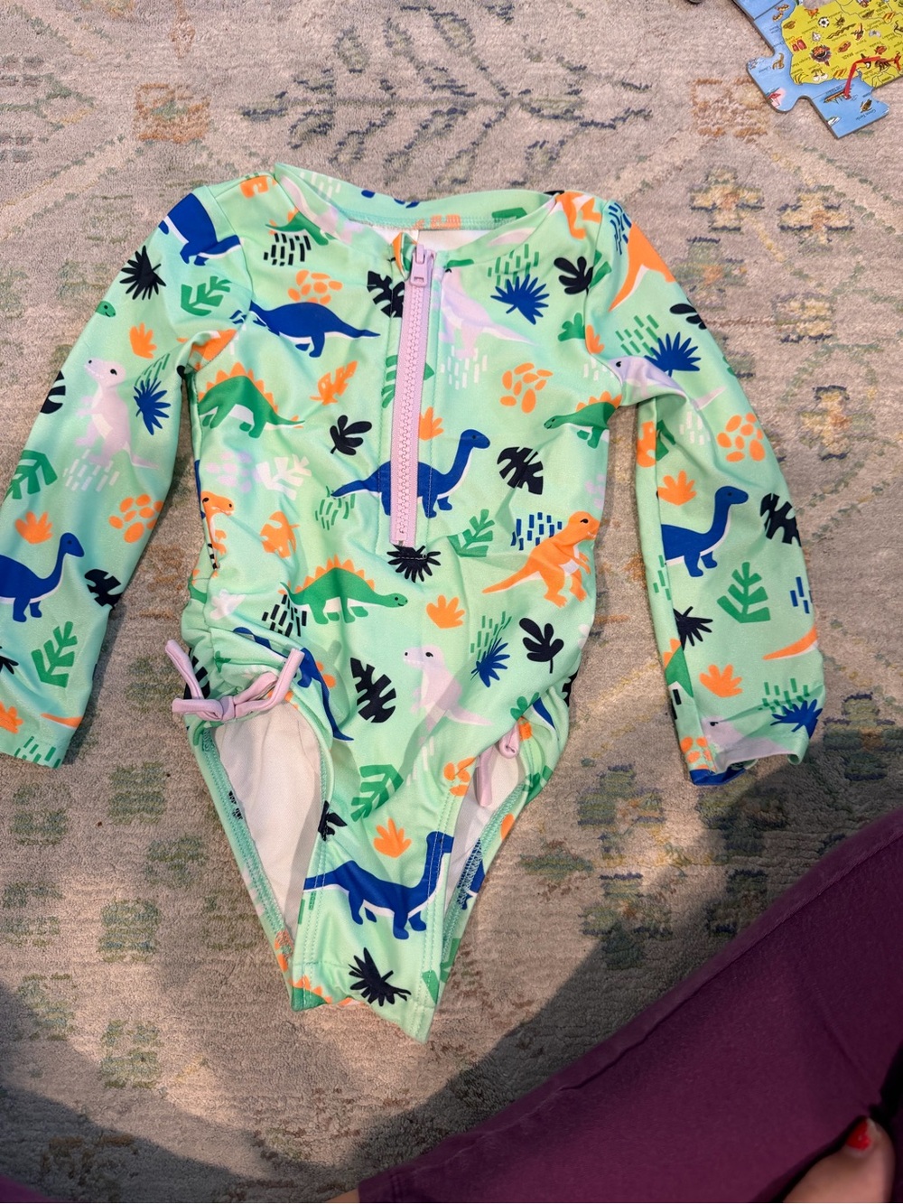 Cat & Jack Mint Green Long-Sleeve Dinosaur One-Piece Swimsuit